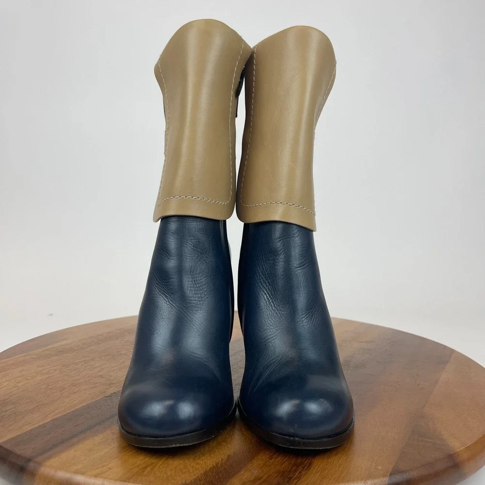 Womens‎ Jil Sander Blue Brown Leather Heeled Ankle Booties Boots Size 35 US 5 M